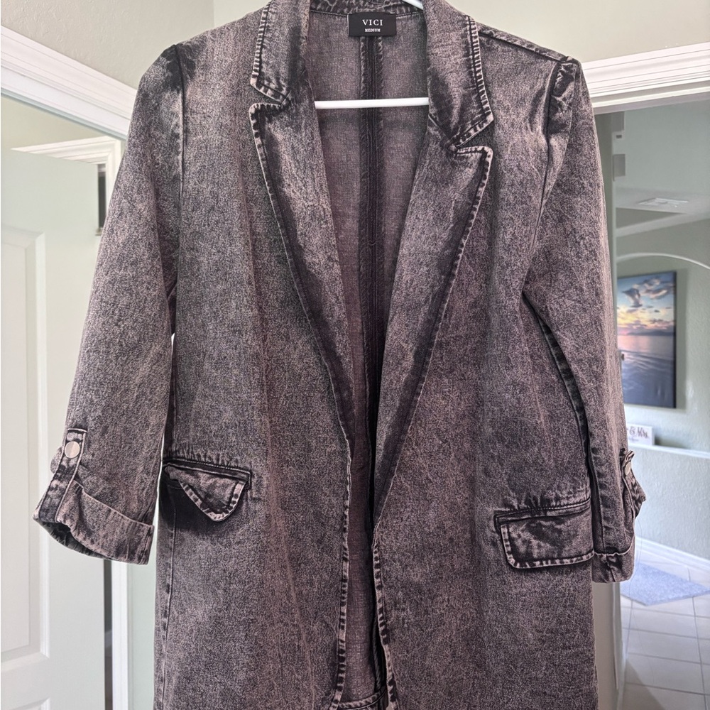 VICI Washed Gray-Black Long Denim Blazer